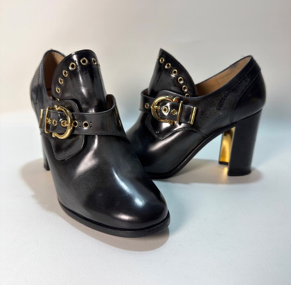Salvatore Ferragamo Black Leather Monk Strap Pumps Gold Block Heel Studded 6.5M